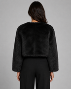Cropped Fur Jacket Collarless Round Neck