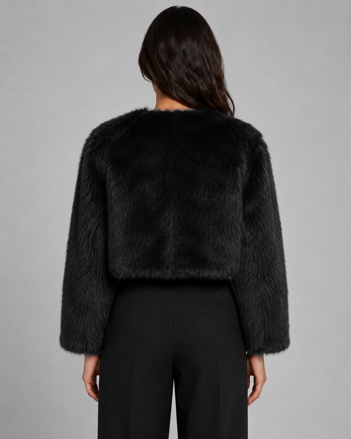 Cropped Fur Jacket Collarless Round Neck