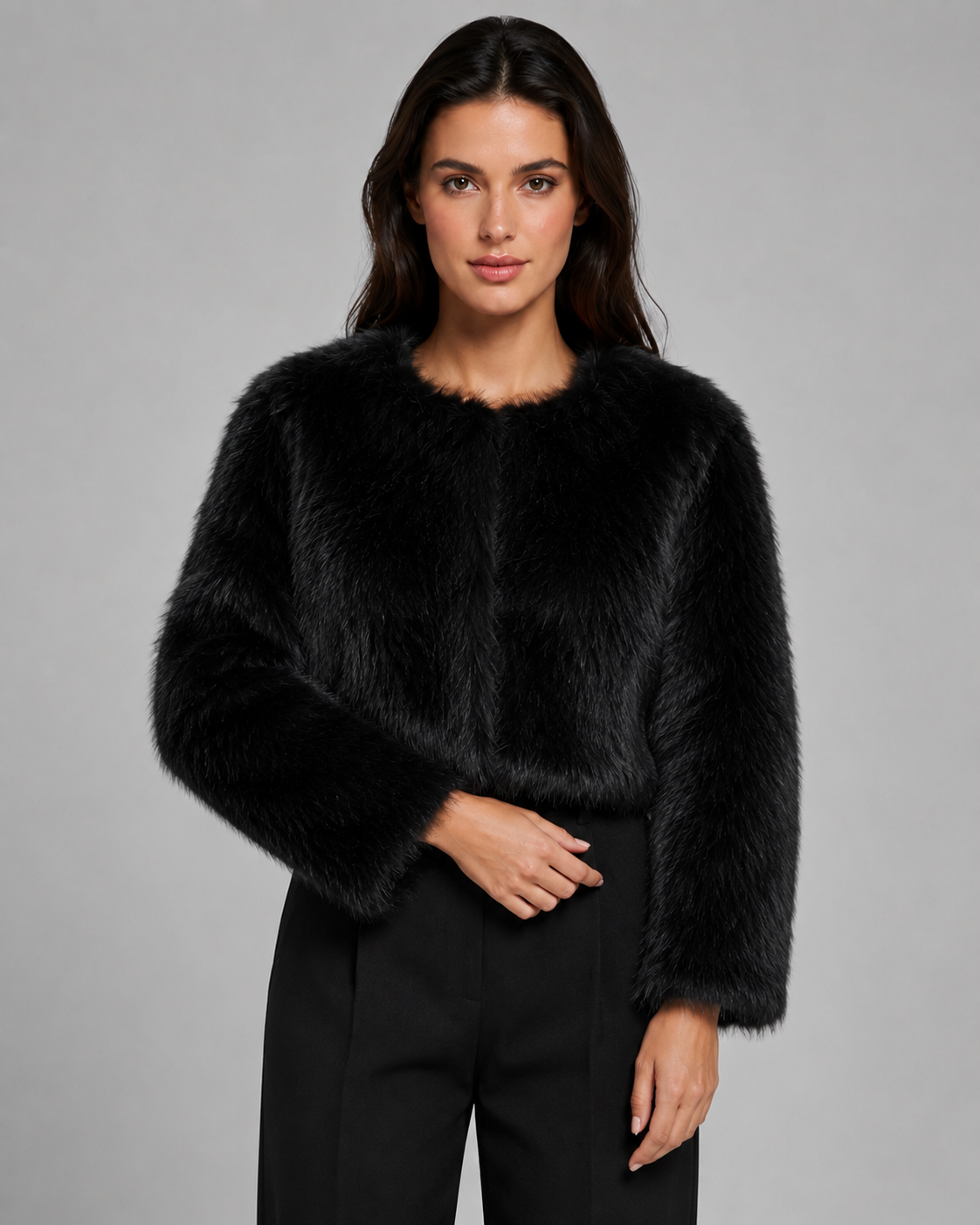 Cropped Fur Jacket Collarless Round Neck