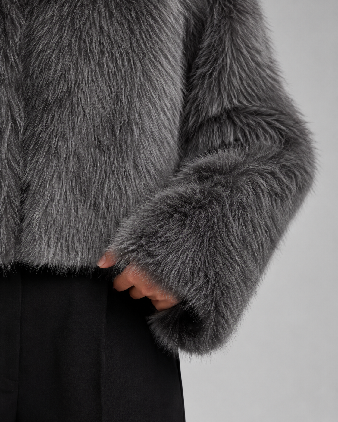 Cropped Fur Jacket Collarless Round Neck