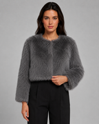 Cropped Fur Jacket Collarless Round Neck