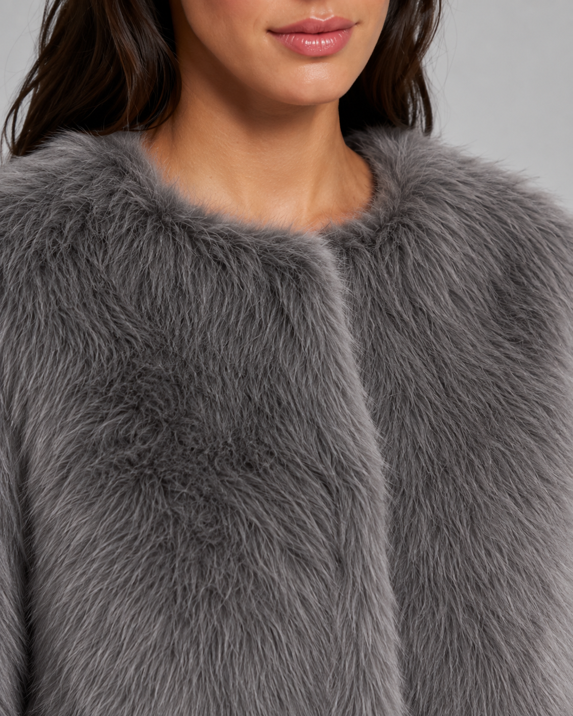 Cropped Fur Jacket Collarless Round Neck