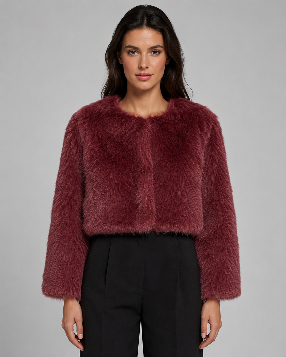 Cropped Fur Jacket Collarless Round Neck