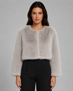 Cropped Fur Jacket Collarless Round Neck