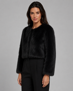 Cropped Fur Jacket Collarless Round Neck