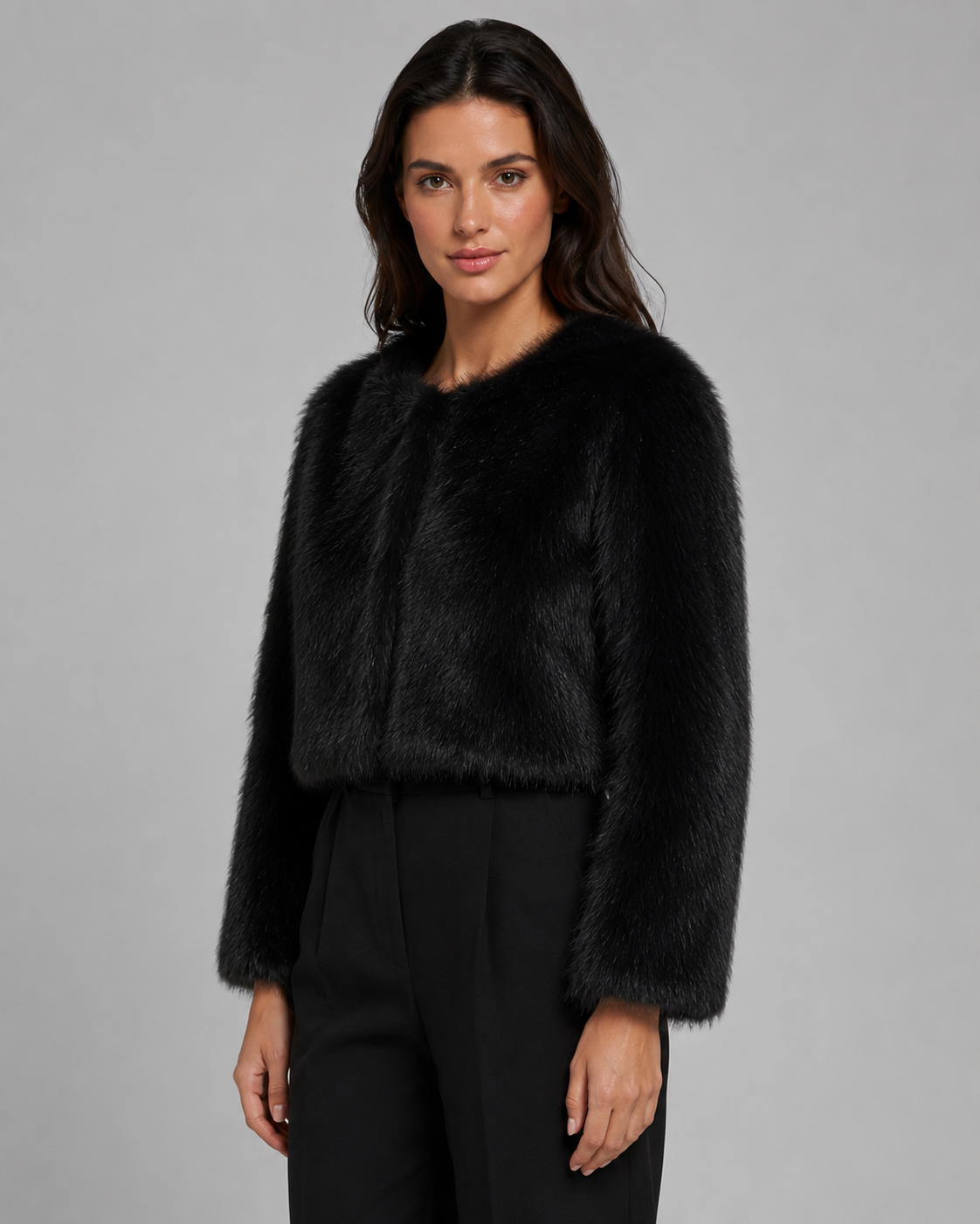 Cropped Fur Jacket Collarless Round Neck