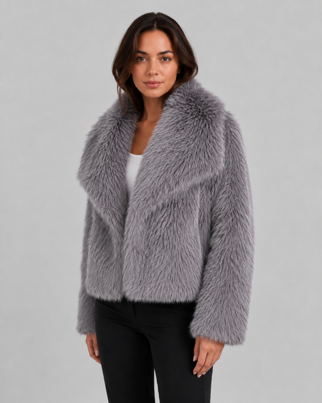 Faux Fur Cropped Jacket Draped Collar Winter