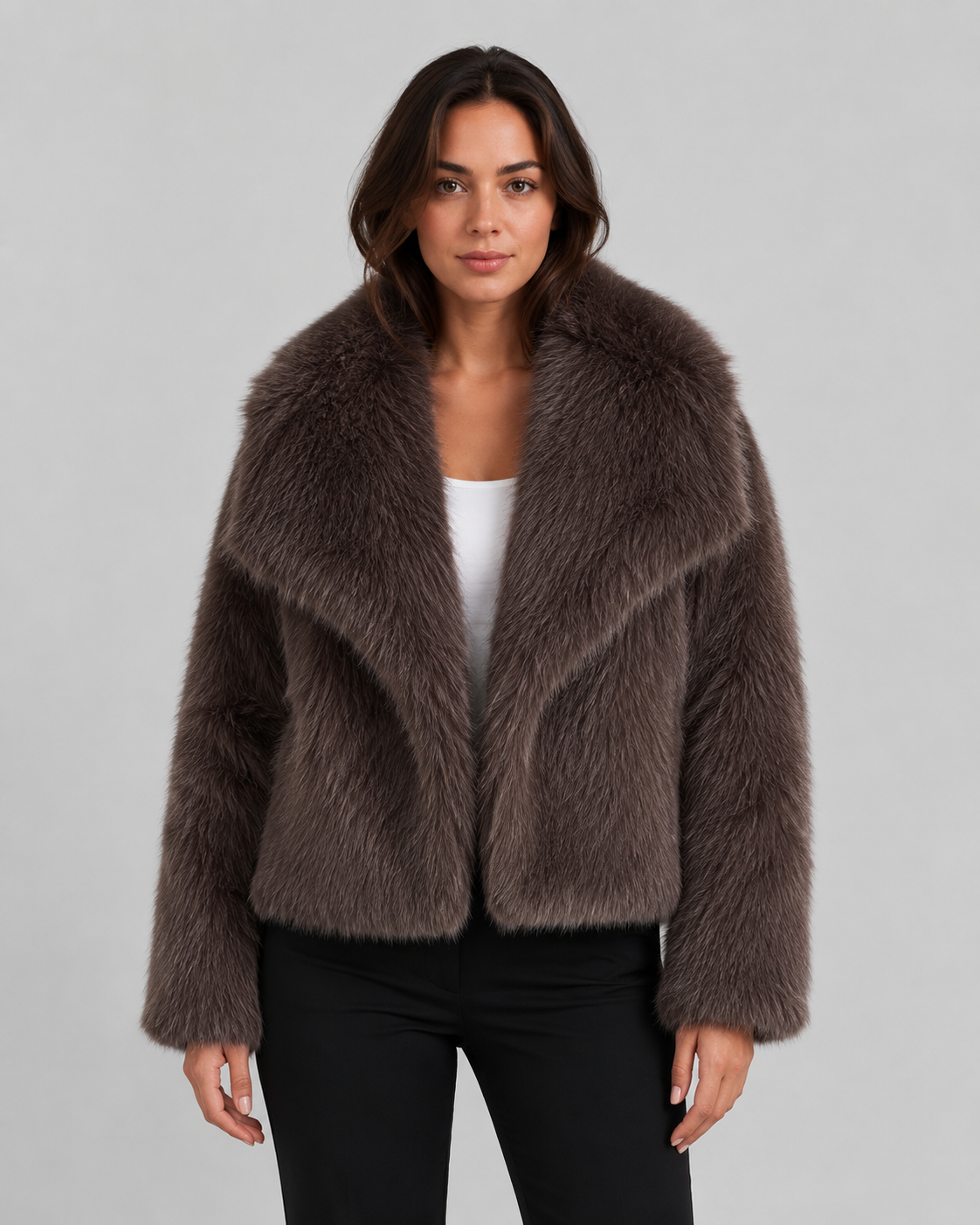 Faux Fur Cropped Jacket Draped Collar Winter