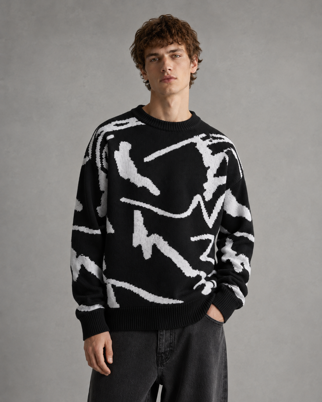 Men's Abstract Graphic Knit Sweater Drop Shoulder Fit