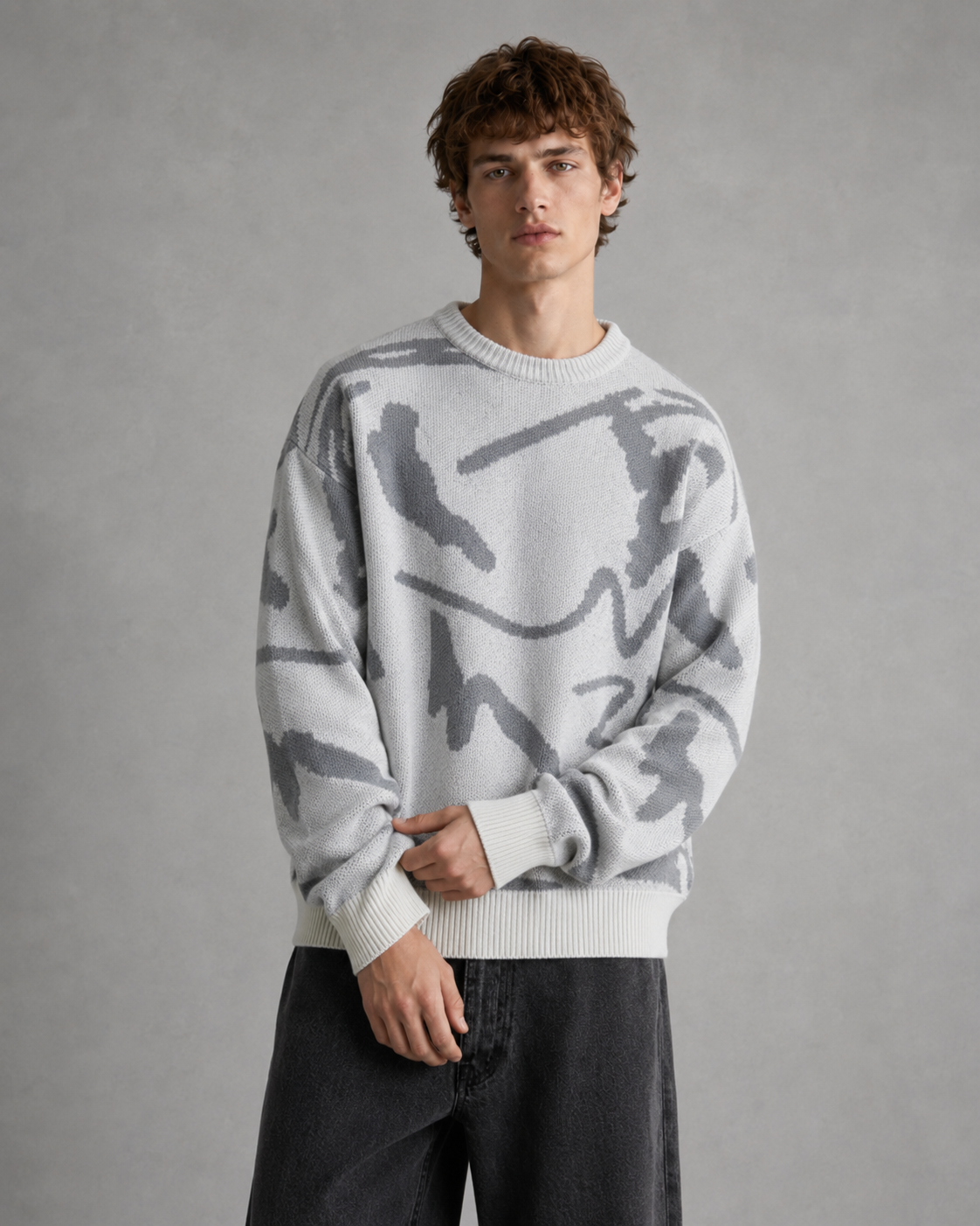 Men's Abstract Graphic Knit Sweater Drop Shoulder Fit