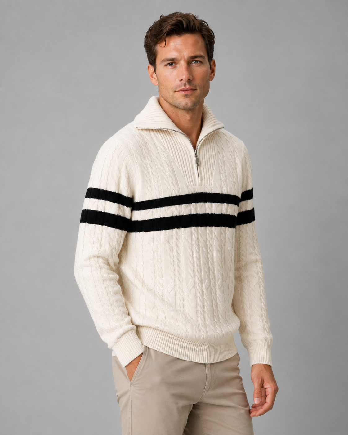 Men's Cable Knit Quarter-Zip Funnel Collar Sweater