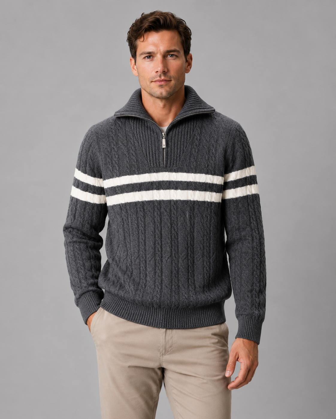 Men's Cable Knit Quarter-Zip Funnel Collar Sweater