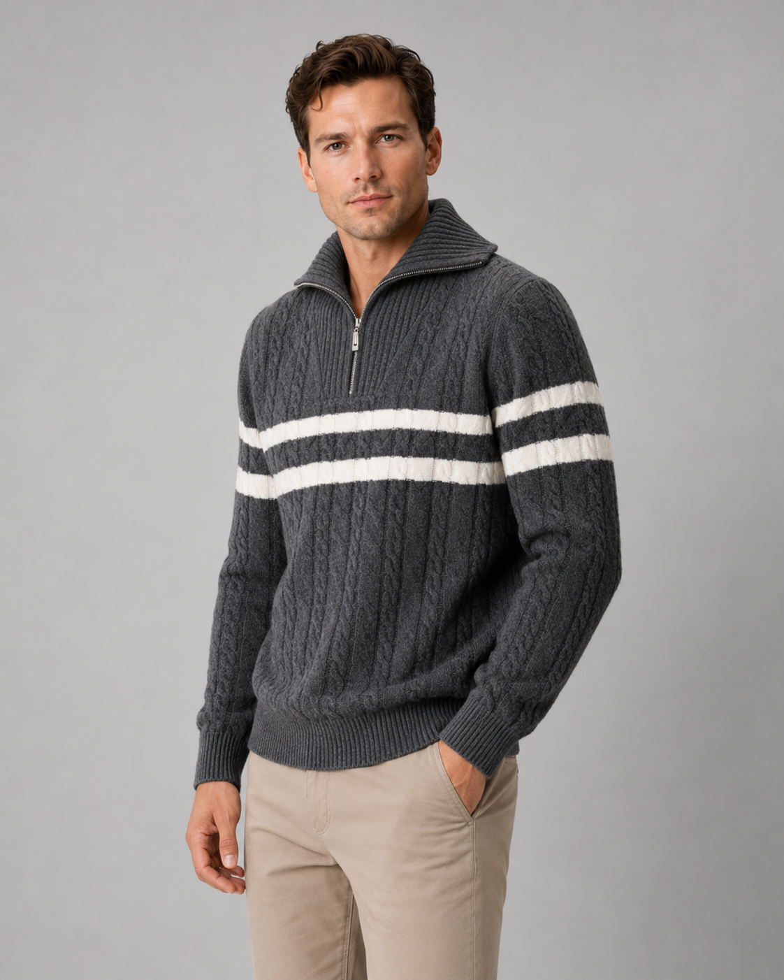 Men's Cable Knit Quarter-Zip Funnel Collar Sweater