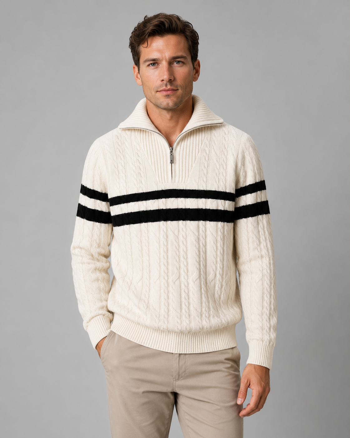 Men's Cable Knit Quarter-Zip Funnel Collar Sweater