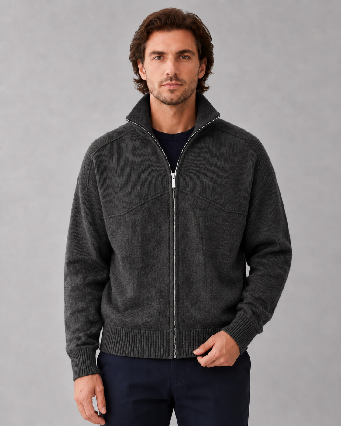 Men's Full-Zip Knit Cardigan - Stand Collar