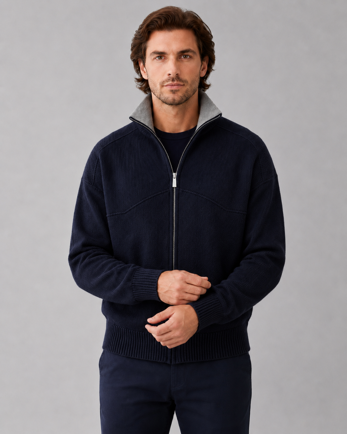 Men's Full-Zip Knit Cardigan - Stand Collar