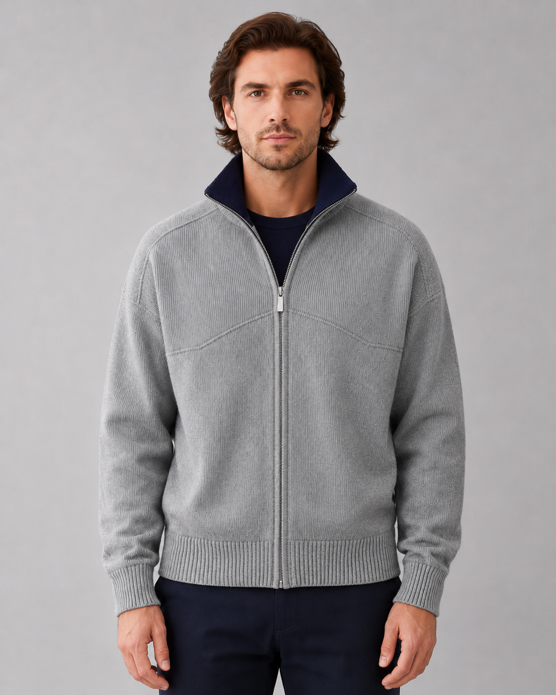 Men's Full-Zip Knit Cardigan - Stand Collar