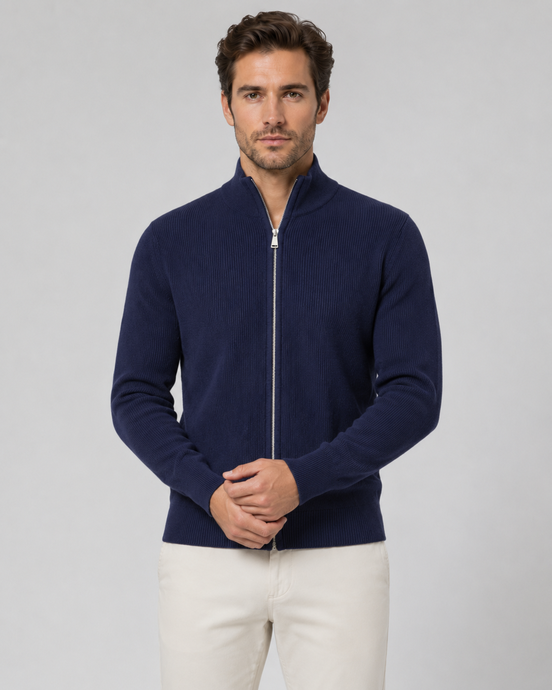 Men's Full-Zip Knit Cardigan with Stand Collar