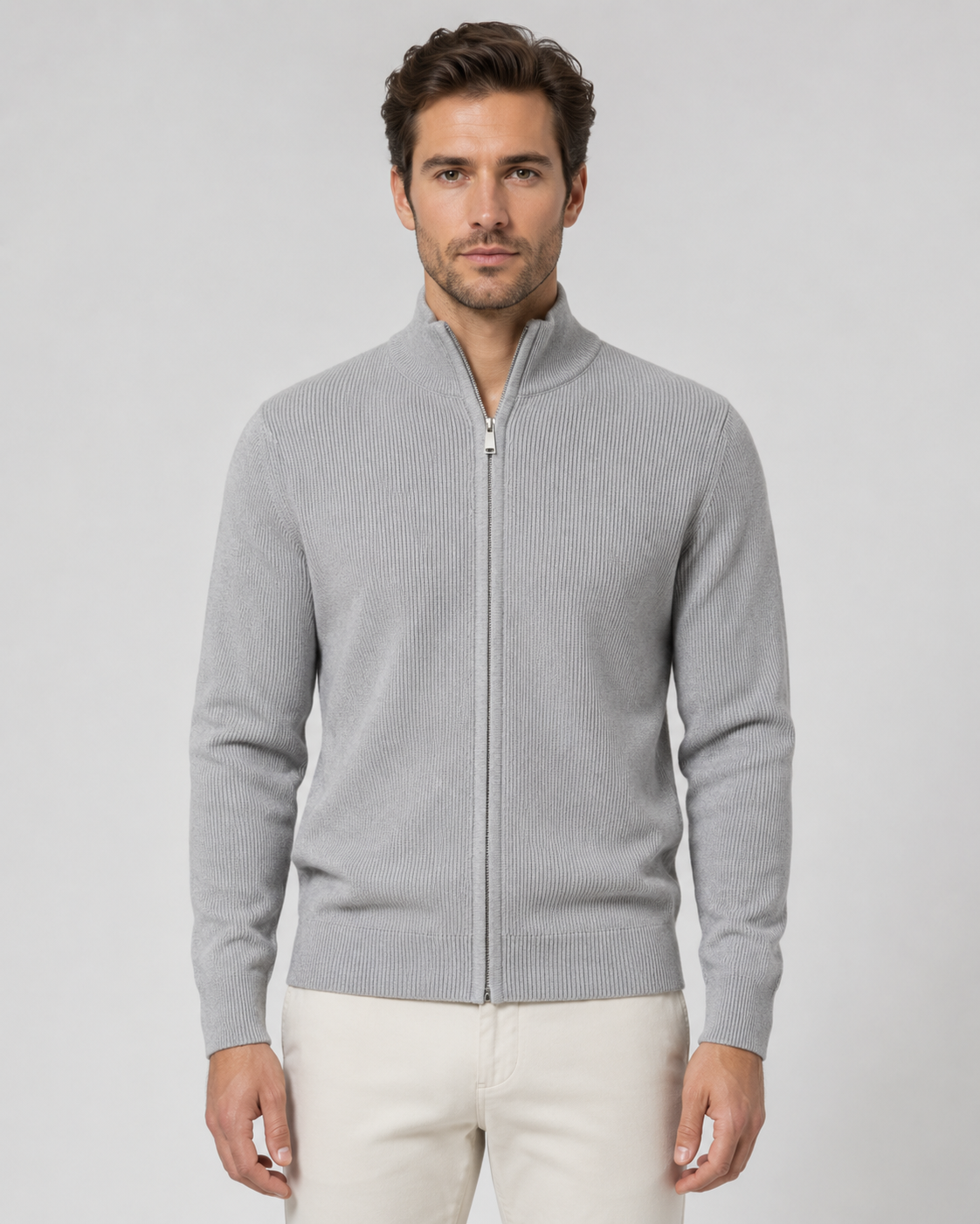 Men's Full-Zip Knit Cardigan with Stand Collar