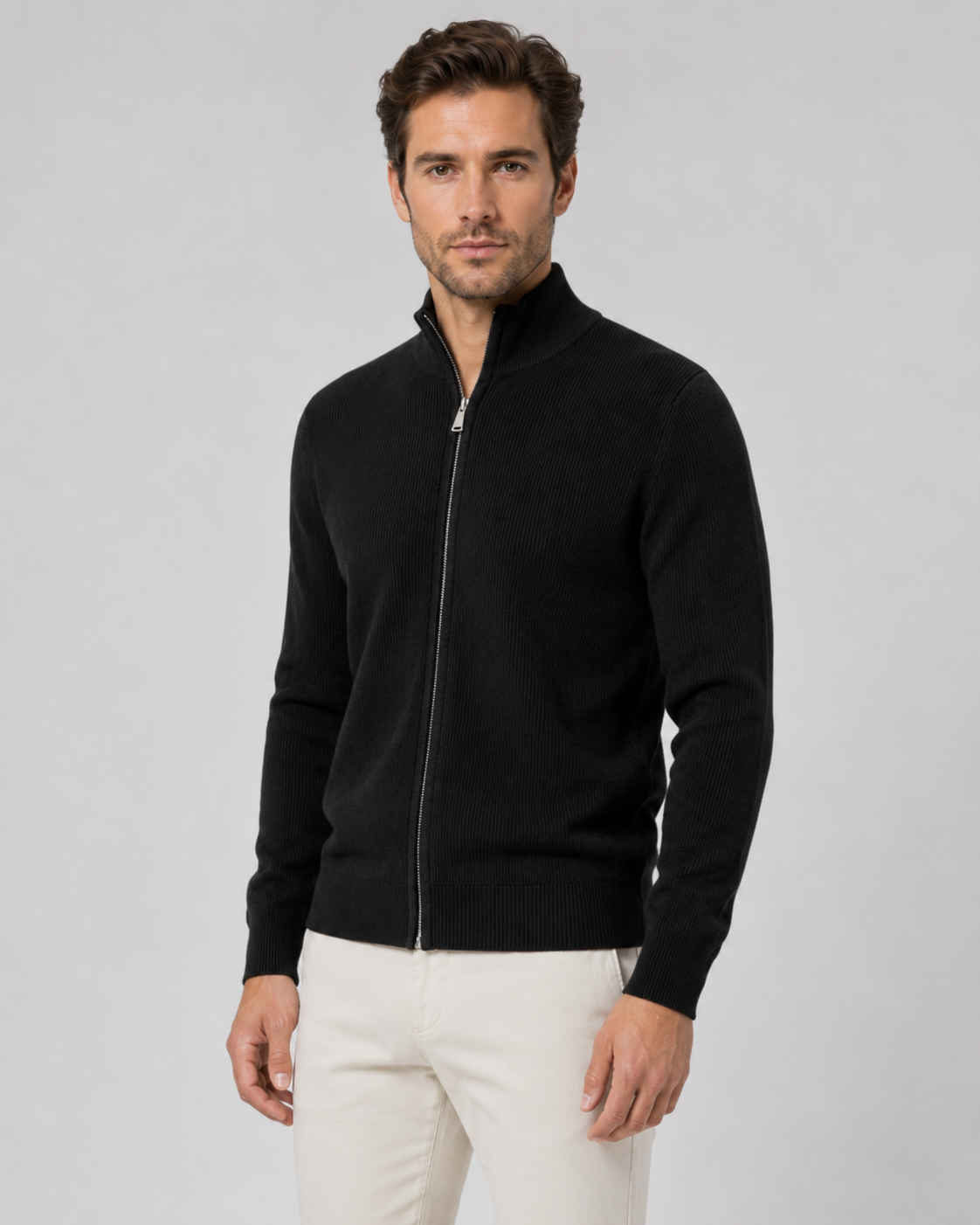 Men's Full-Zip Knit Cardigan with Stand Collar