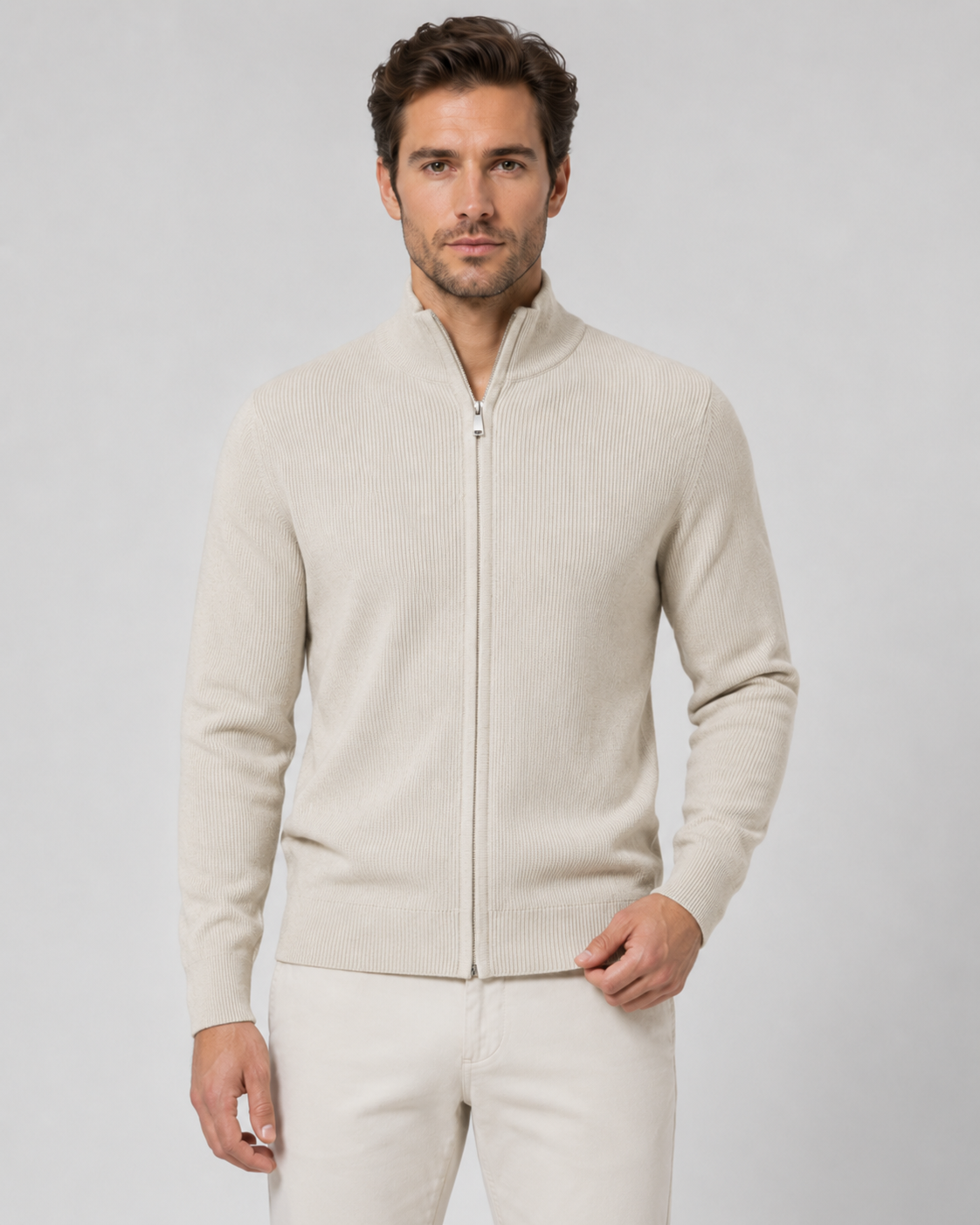 Men's Full-Zip Knit Cardigan with Stand Collar
