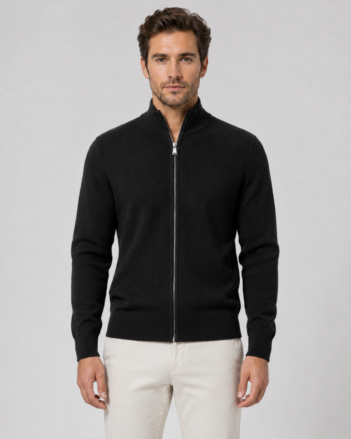 Men's Full-Zip Knit Cardigan with Stand Collar