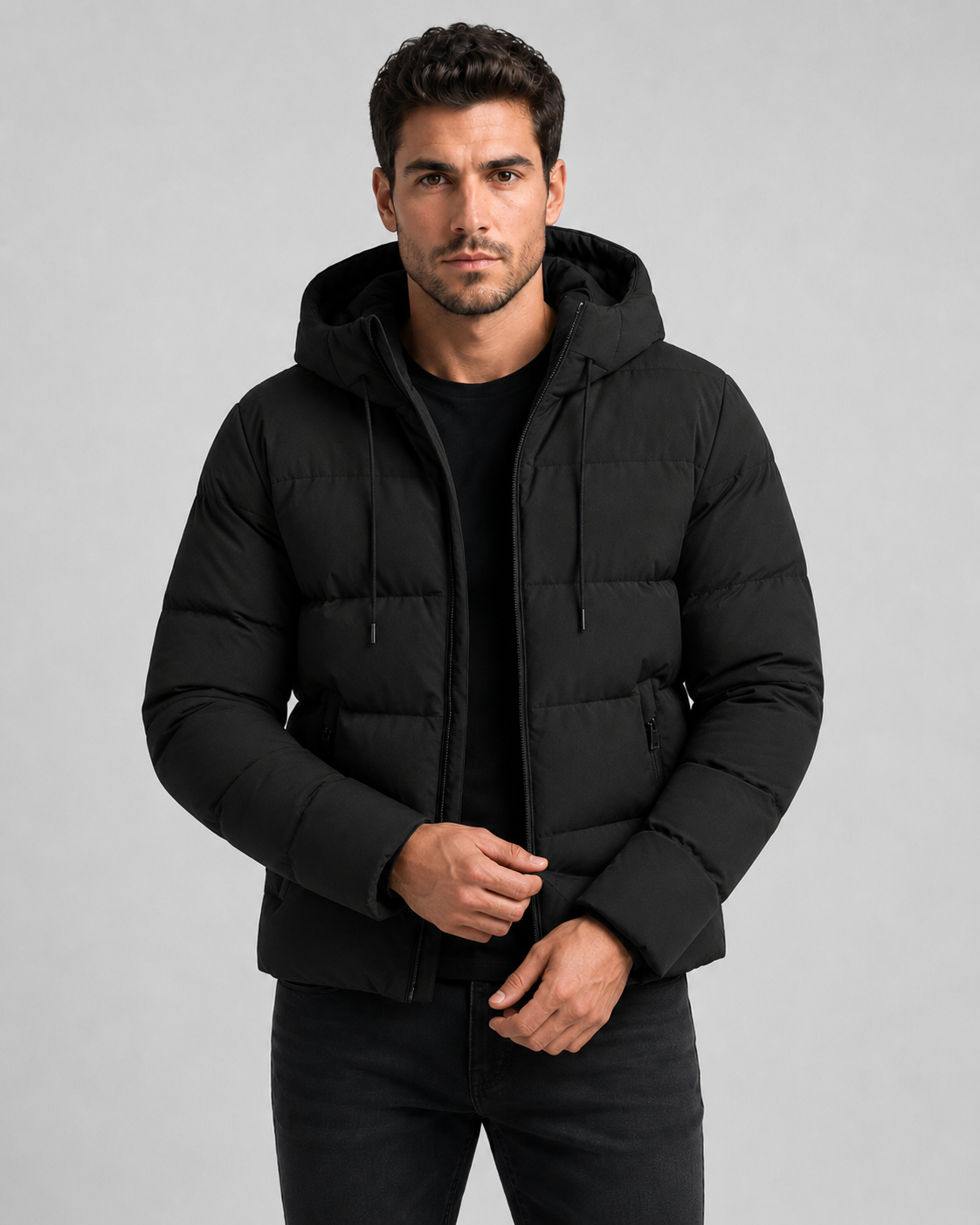 Men's Hooded Winter Puffer Jacket - Zip Pockets