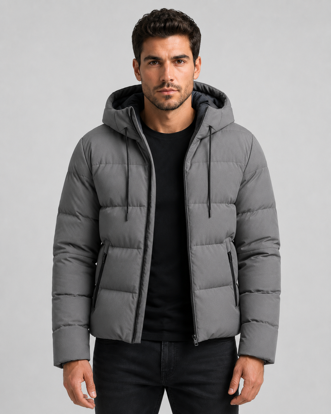 Men's Hooded Winter Puffer Jacket - Zip Pockets