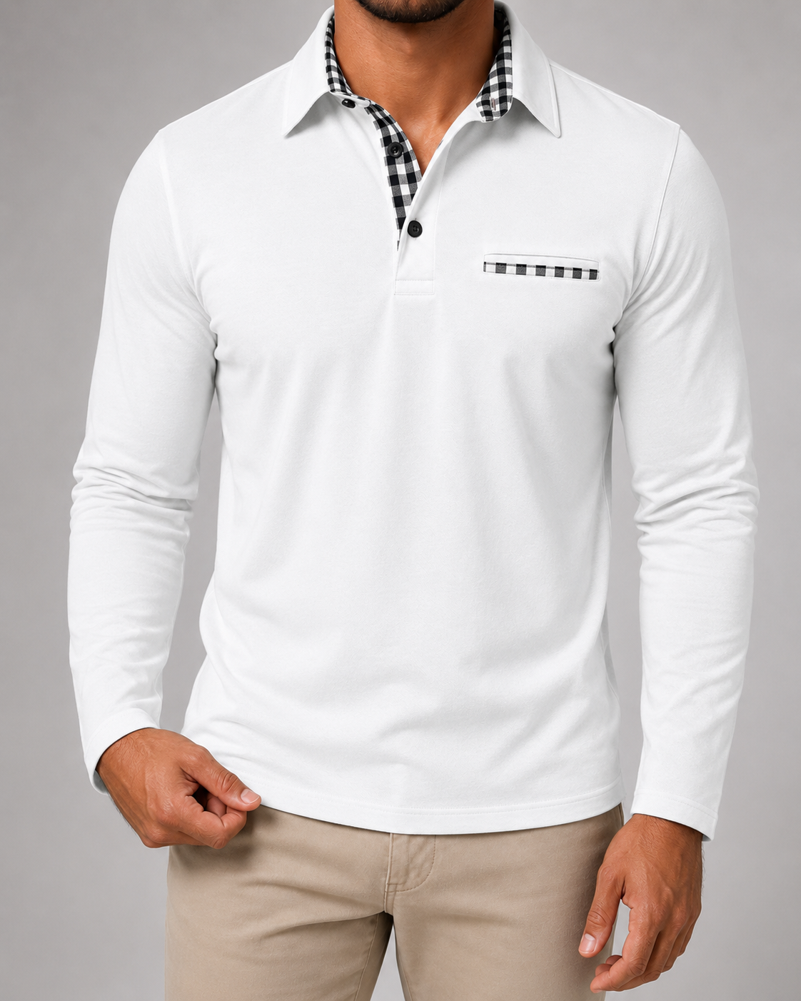Men's Gingham-Trim Long Sleeve Polo Shirt
