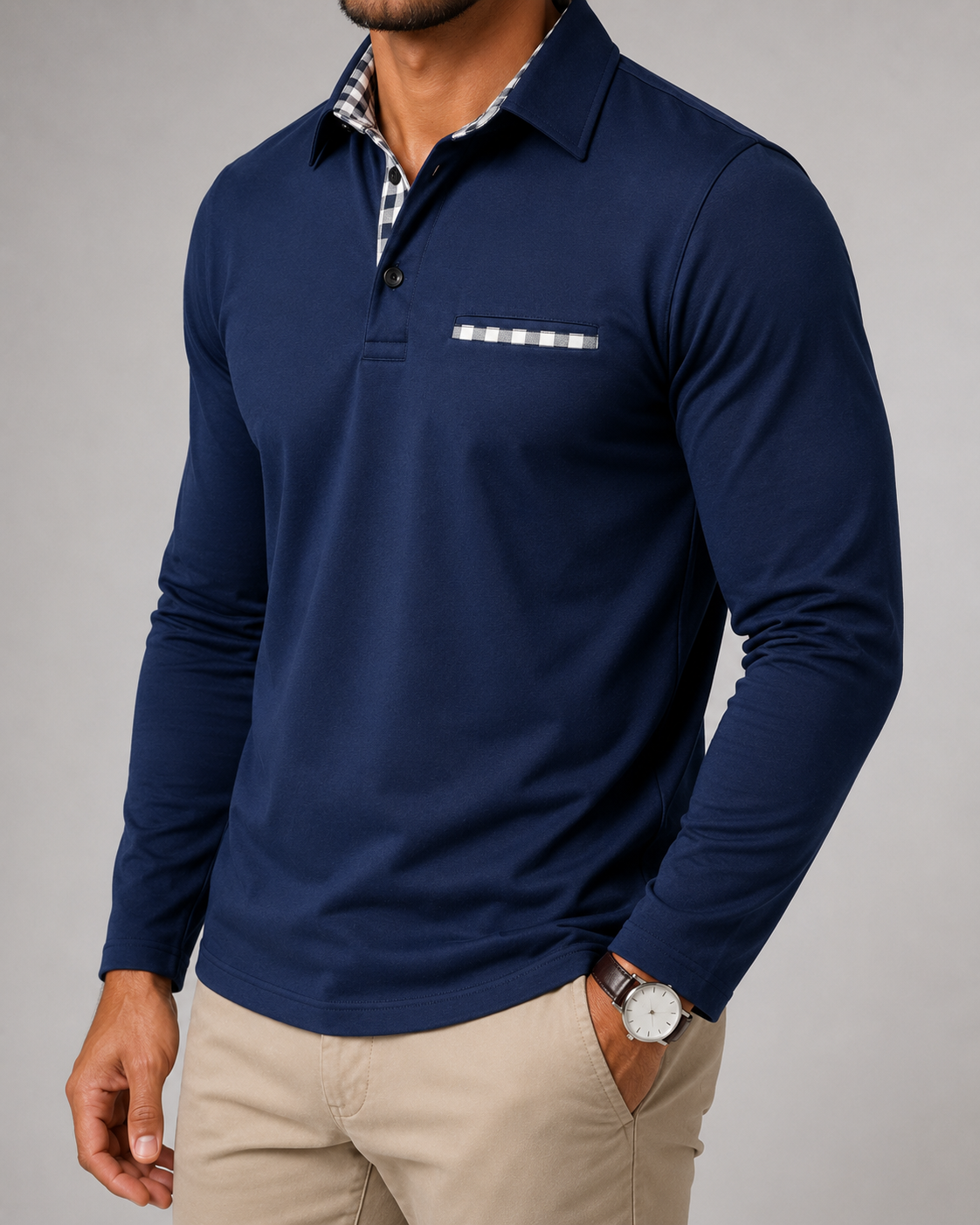 Men's Gingham-Trim Long Sleeve Polo Shirt