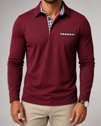 Men's Gingham-Trim Long Sleeve Polo Shirt