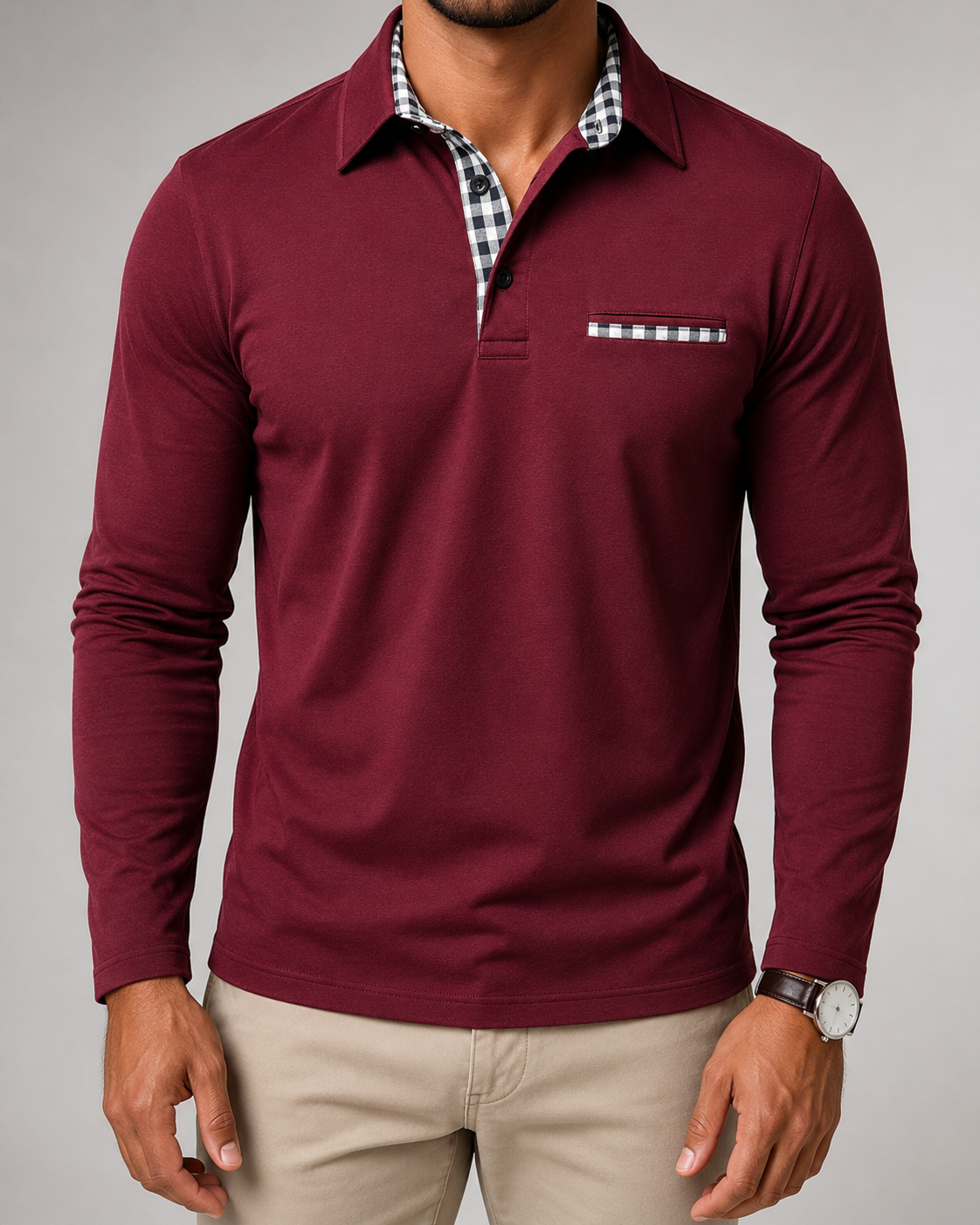 Men's Gingham-Trim Long Sleeve Polo Shirt