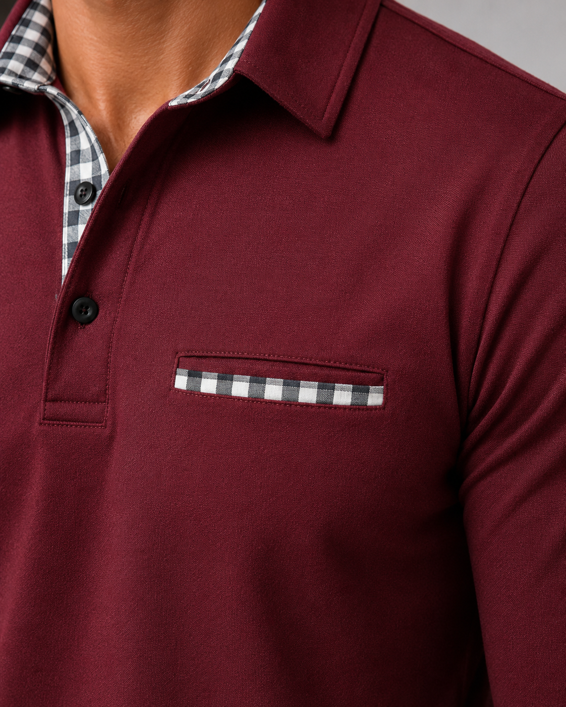 Men's Gingham-Trim Long Sleeve Polo Shirt