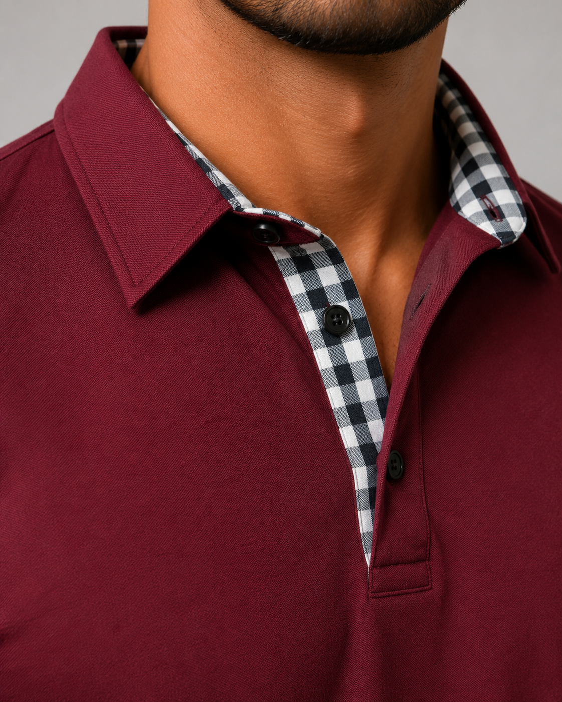 Men's Gingham-Trim Long Sleeve Polo Shirt