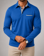 Men's Gingham-Trim Long Sleeve Polo Shirt