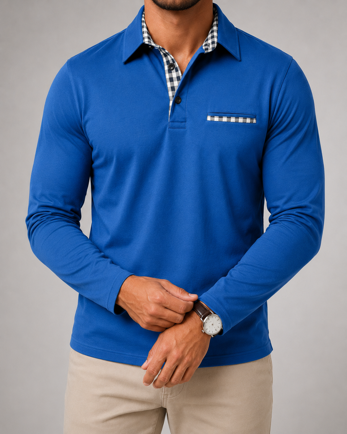 Men's Gingham-Trim Long Sleeve Polo Shirt