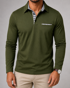 Men's Gingham-Trim Long Sleeve Polo Shirt
