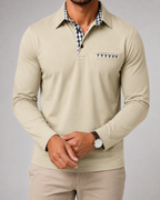 Men's Gingham-Trim Long Sleeve Polo Shirt