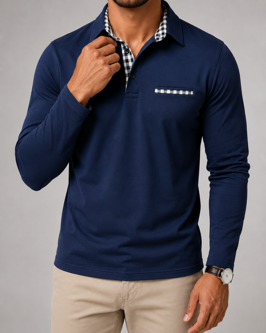 Men's Gingham-Trim Long Sleeve Polo Shirt