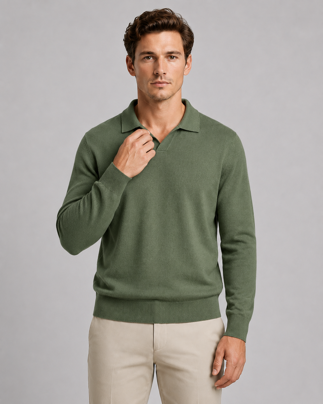 Men's Smooth Knit Open Collar Polo Sweater
