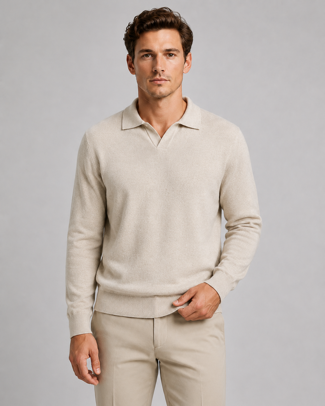 Men's Smooth Knit Open Collar Polo Sweater