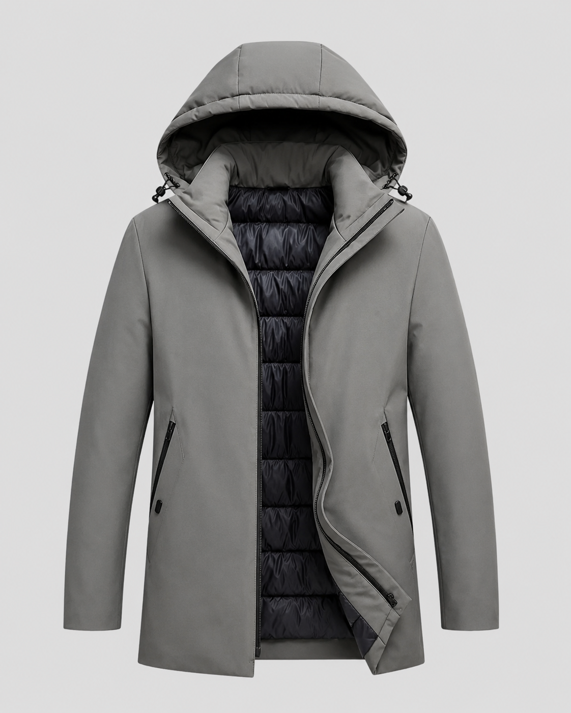 Men's Quilted Mid-Length Parka with Drawcord Hood