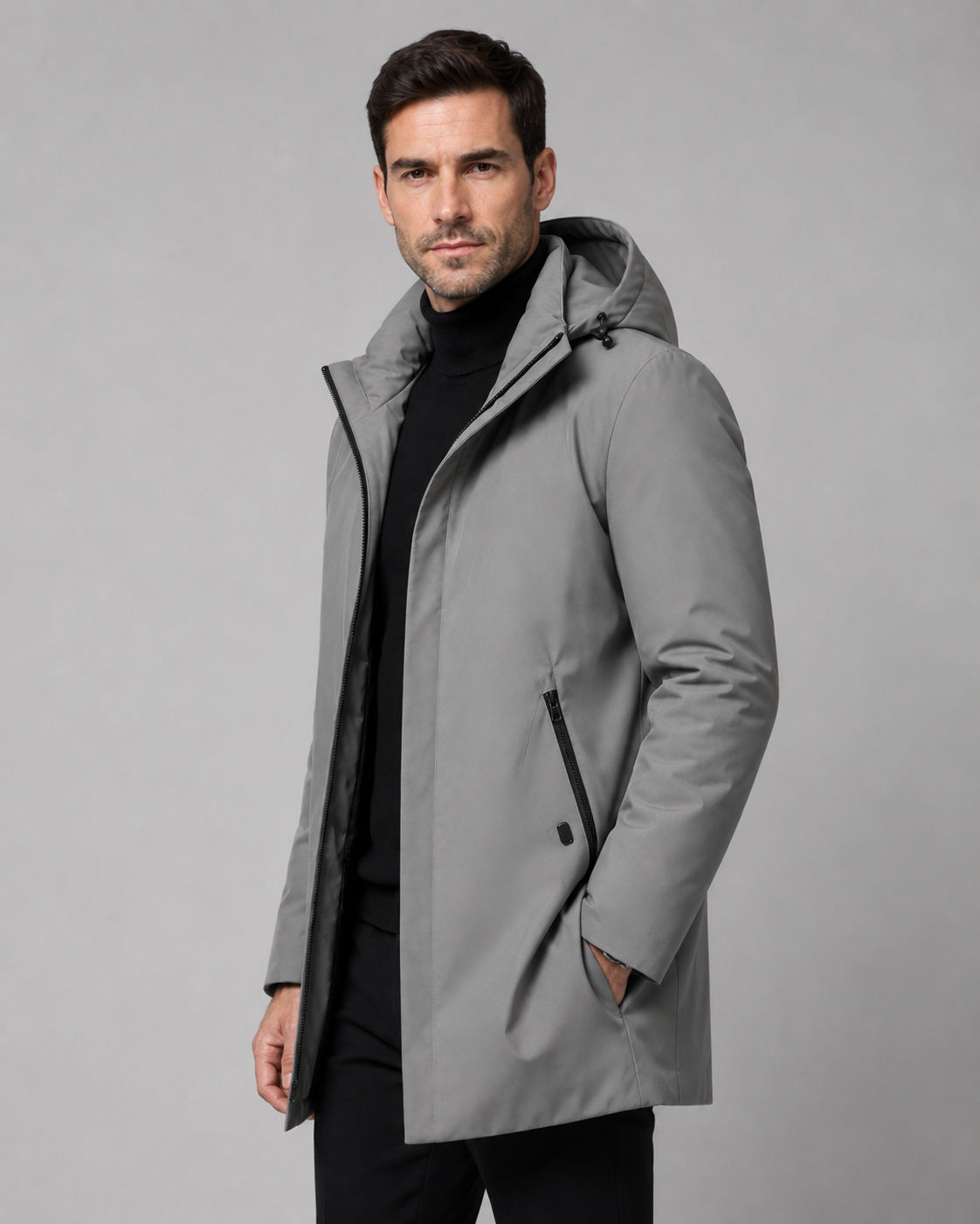 Men's Quilted Mid-Length Parka with Drawcord Hood