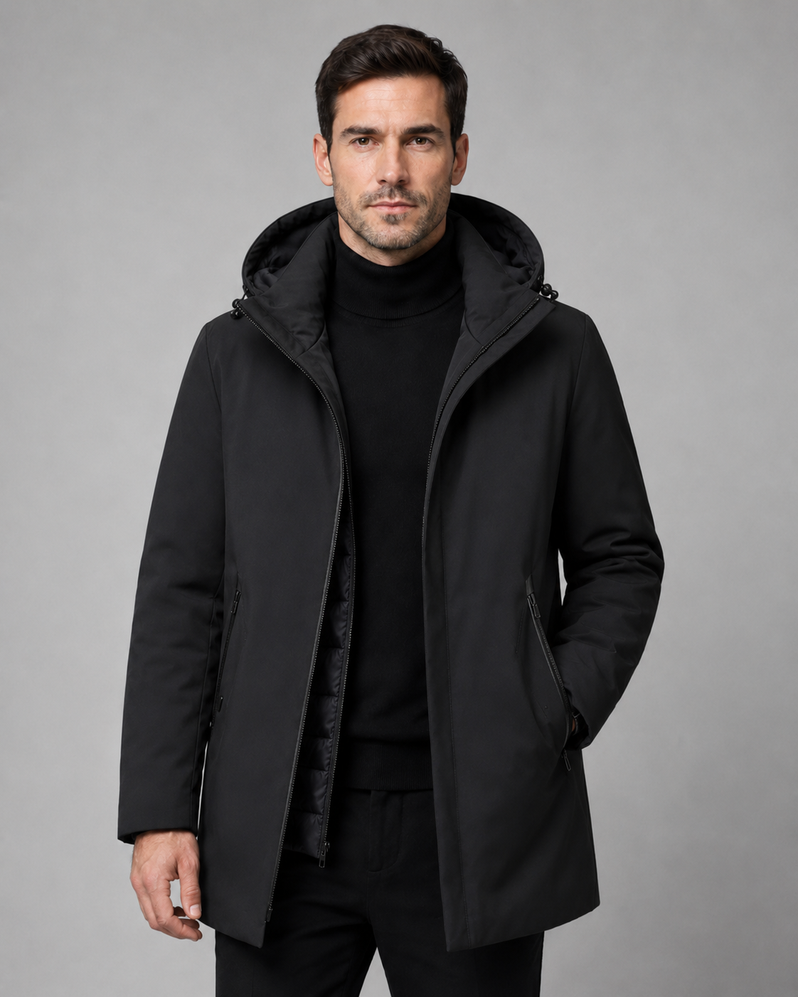 Men's Quilted Mid-Length Parka with Drawcord Hood