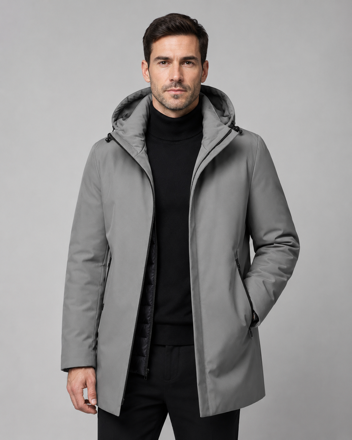 Men's Quilted Mid-Length Parka with Drawcord Hood
