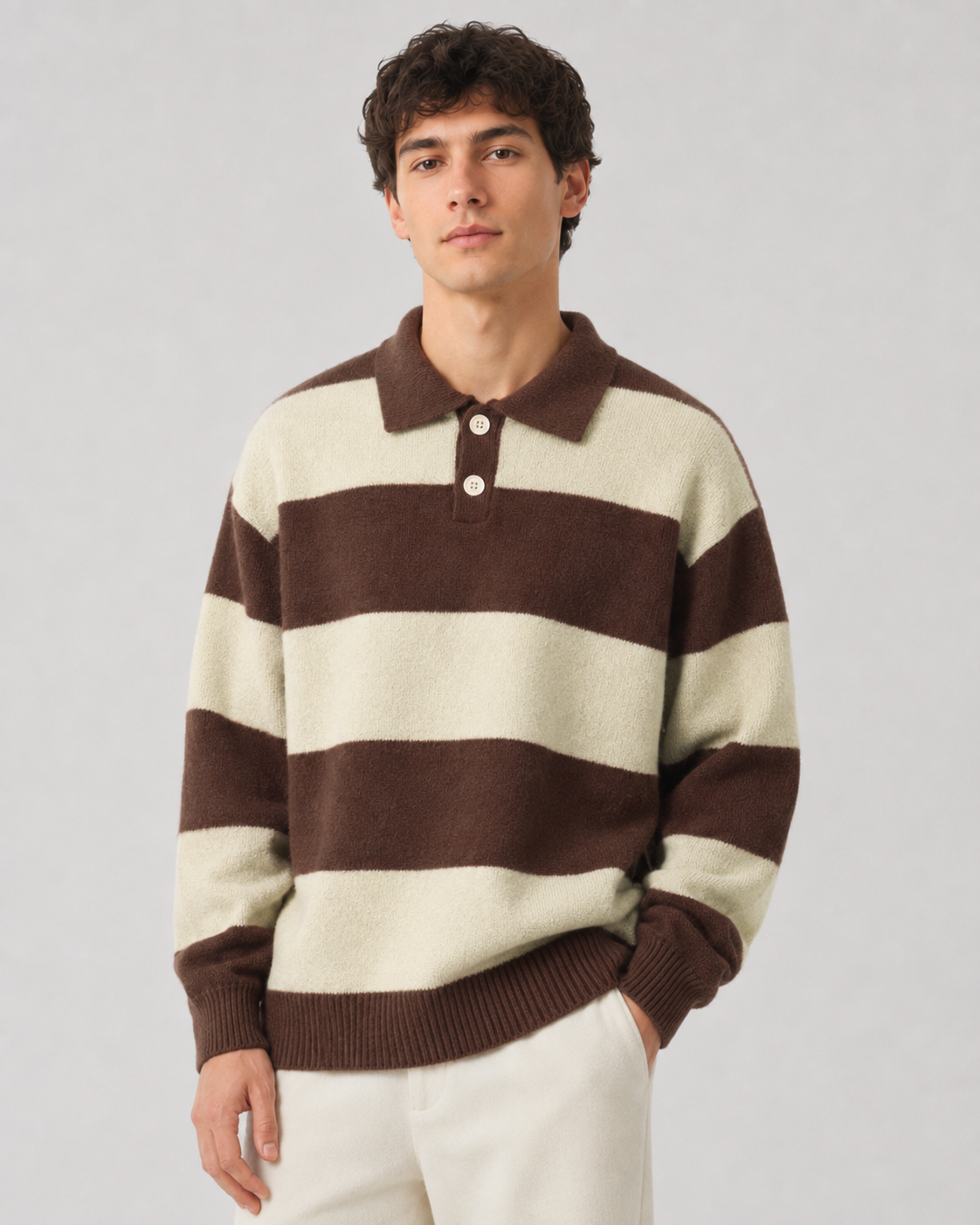 Men's Rugby Stripe Knit Polo Sweater - Relaxed Fit