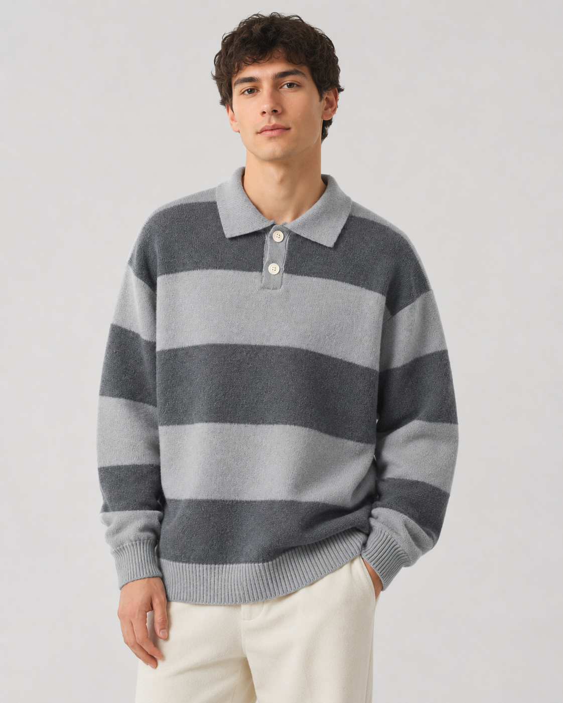 Men's Rugby Stripe Knit Polo Sweater - Relaxed Fit