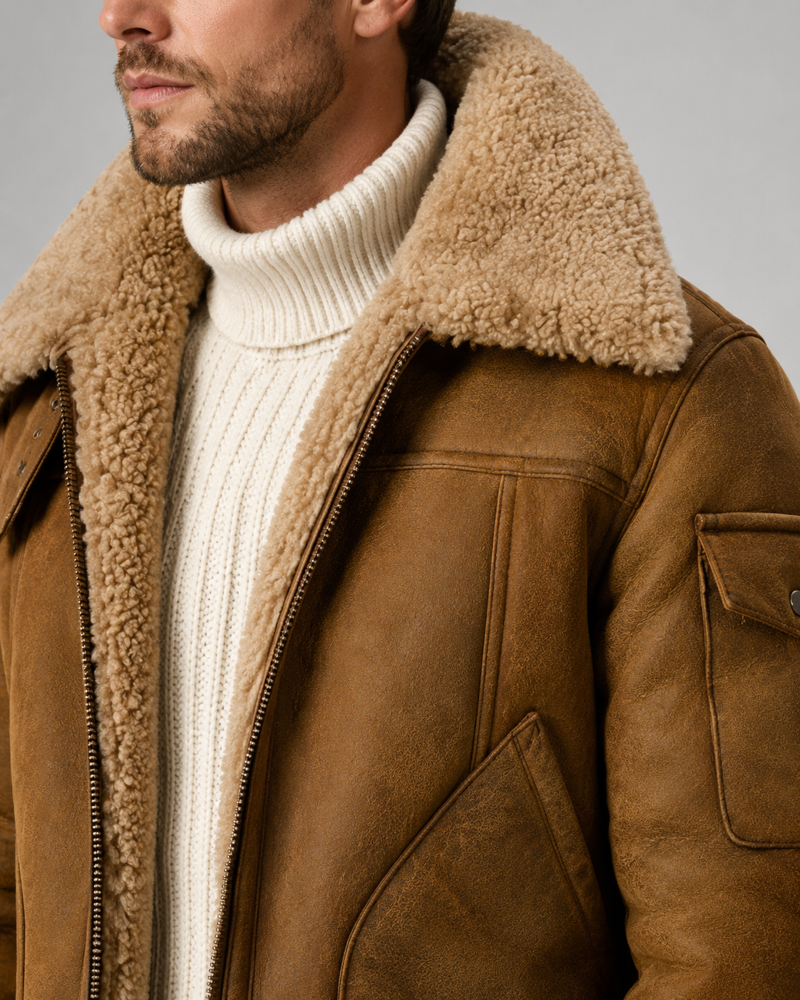 Men's Shearling-Lined Leather Aviator Jacket