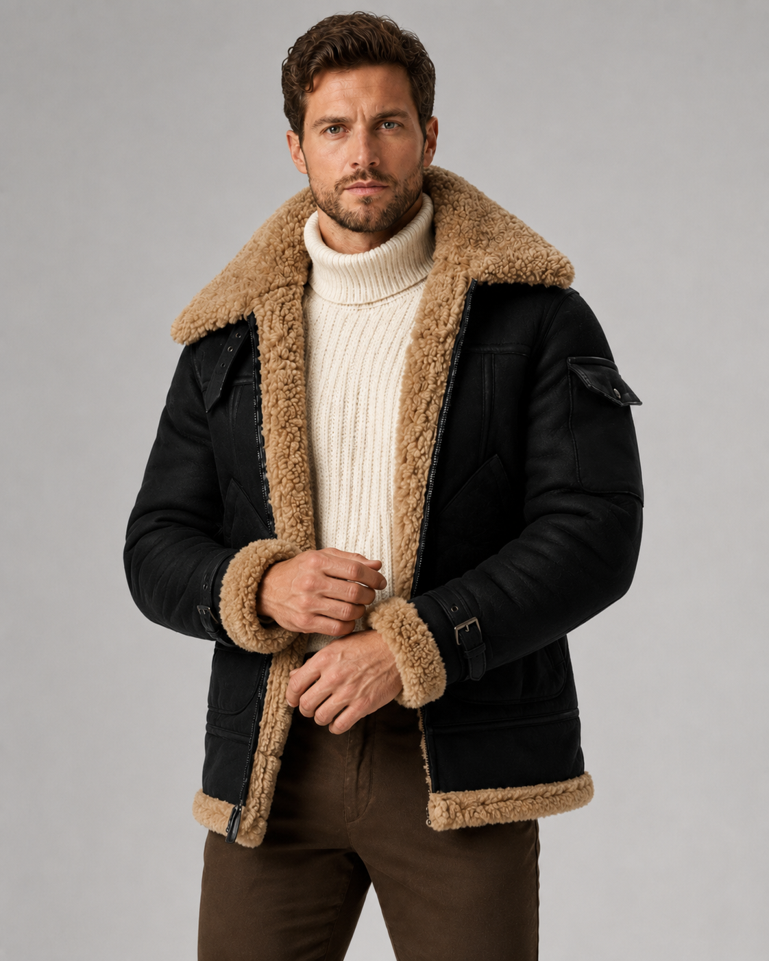 Men's Shearling-Lined Leather Aviator Jacket