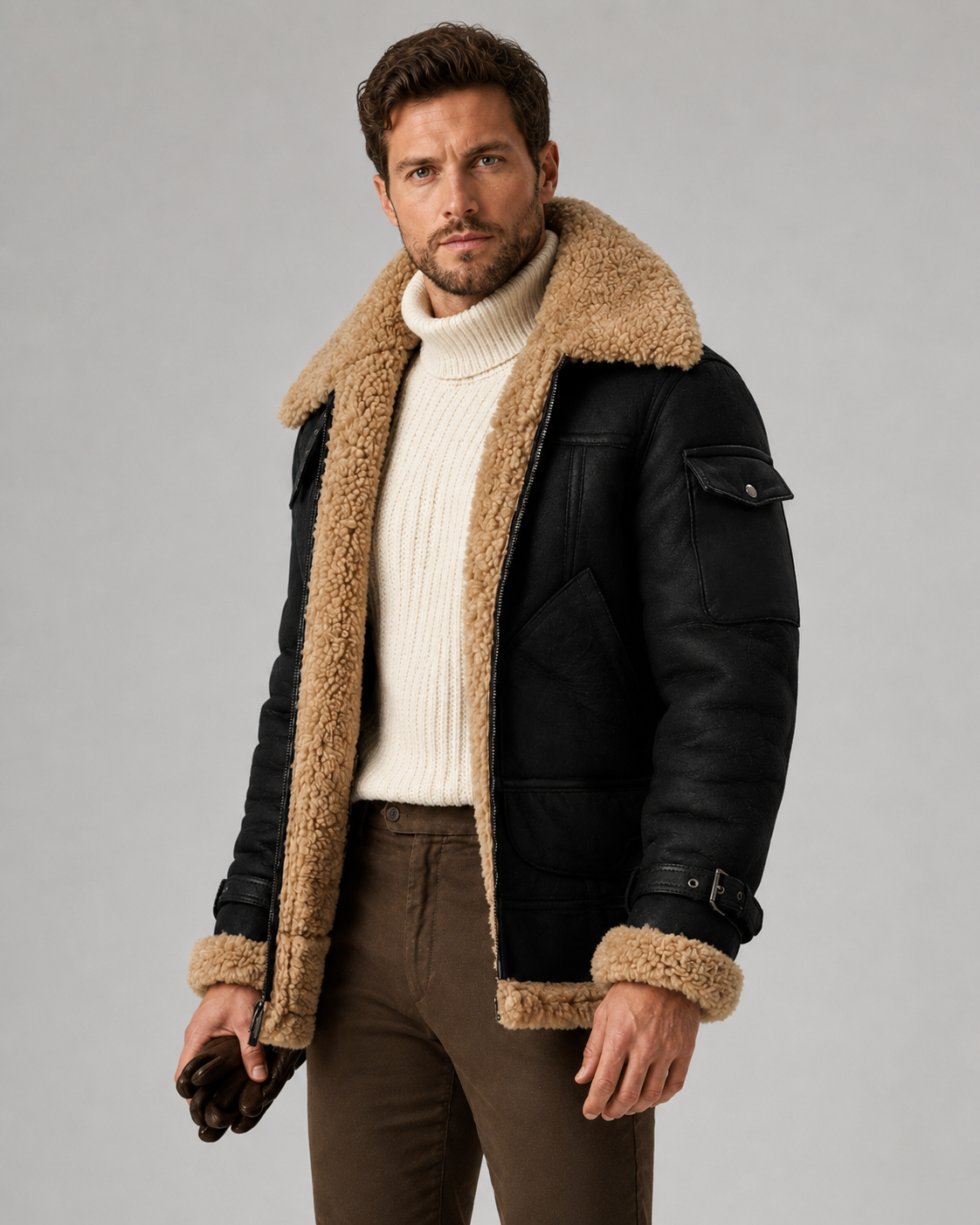 Men's Shearling-Lined Leather Aviator Jacket